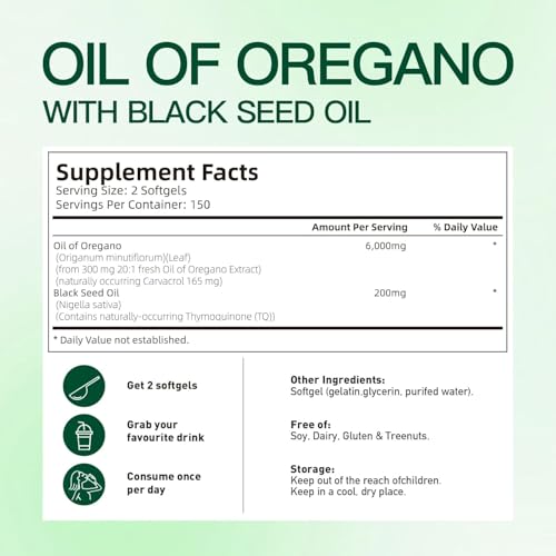 Image of VivoNu Oil of Oregano with Black Seed Oil, Balanced Oil of Oregano Capsules, Organic Oregano Oil Softgels, Non-GMO(300 Count /1 Pack)