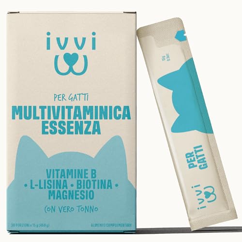ivvi Essenza Multivitaminica per Gatti – snack cremoso con vero tonno – con vitamine del gruppo B, vitamine A, D3 ed E, biotina, L-lisina, magnesio e cozza verde – 30 x 15 g