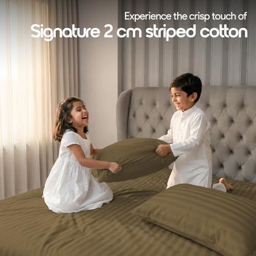 Image of LINENWALAS Cotton 300 Thread Count Single Size Bedsheet Set | 2 cm Sateen Stripe Design | Cloud-Soft, Breathable & Skin-Safe | Oeko-TEX Certified Hotel-Style Bedding (60 x 90, Mocha)