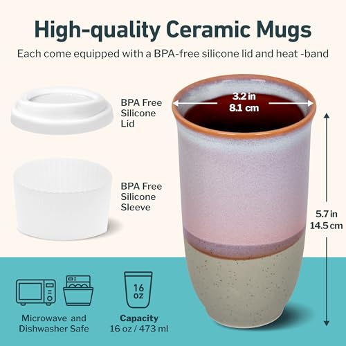 Image of NOVA CERAMICS Coffee Travel Mug - Reusable To Go Mug - Microwave & Dishwasher Safe White & Purple Tumbler - Gifts For Women Men Him Her - 16oz - Horizon