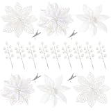 Sggvecsy 30 Pcs 3 Styles Christmas Glitter Poinsettia Flowers Artificial Berry Picks Christmas Tree Ornaments Artificial Christmas Flowers with Clips for Xmas Wedding Wreath Floral Decorations(White)