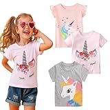 Girl Short Sleeve Tee Shirts Sets Cotton Casual Crewneck Pink Grey Unicorn Tops T-Shirts 3 Packs Size 6