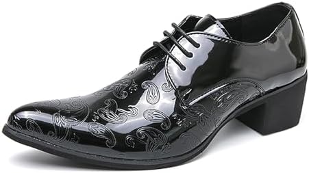 メンズプリントポインテッドトゥパテントレザーダービーオックスフォードシューズ、クラシックレースアップロートップブロックハイヒールファ