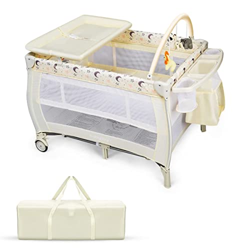 COSTWAY 3 in 1 Travel Cot, Foldable Baby Crib Playard with Bassinet, Changing Table, Toy Bar, Wheels and Carry Bag, Infants Nursery Center for Boys Girls (Beige)
