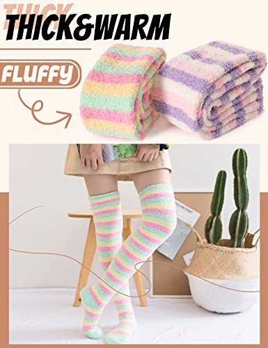 MOGGEI Womens Thigh High Fuzzy Socks Warm Winter Over Knee High Long Striped Fluffy Cozy Fleece Socks 2 Pairs2