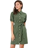 Allegra K Women's Safari Dress Collared Button Down Cotton Belted Shirtdress Small Army Green