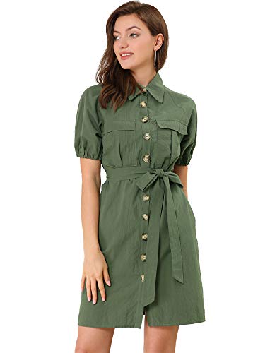 Allegra K Women s Safari Dress Collared Button Down Cotton Belted Shirtdress Small Army Green