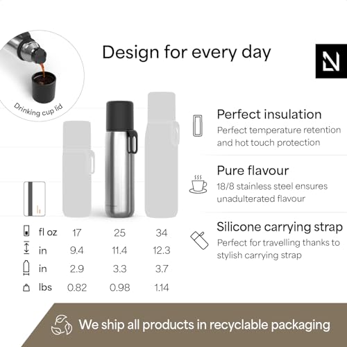 Image of LARS NYSOM Stainless Steel Thermo Water Bottle - Double Wall Insulated Water Bottle with Cup & Carry Strap, Leakproof Metal Bottle for Travel, Office & Outdoor (Stainless Steel, 25oz)