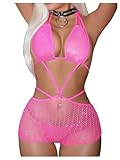 OYOANGLE Women's 2 Piece Fishnet Mesh Halter Lingerie Sparkly Rhinestone Bodysuit with Thong Nightwear Set Hot Pink One-Size