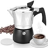 【Macht Großartigen Kaffee】 Die klassische italienische Mokkakanne ist dafür bekannt, schnell und einfach den besten traditionellen Espresso zuzubereiten. Langlebiger Aluminiumgusskörper mit Druckventil für höhere Koffeinextraktion und Geschmack. Je nach Kaffeebohnensorte und Mahlgrad kann diese Espressomaschine Schaumcreme oder Crema erzeugen. Hitzebeständiger Griff und Deckelknauf sorgen für sicheres Ausgießen.