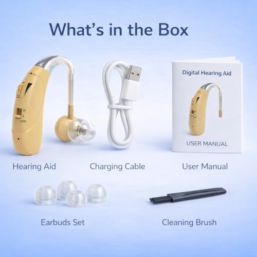 Image of Rechargeable Digital BTE Hearing Aid for Old Age with Type-C Charging for Severe to Profound Hearing Loss - Volume Control | Noise Reduction | Comfort Fit for Adults & Seniors (6 Month Warranty) (Beige, For Single Ear)
