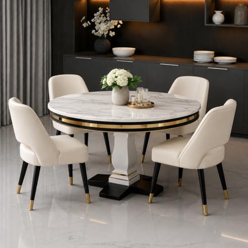 Image of RK Deck Wooden Round Dining Table Set of 4 | Luxury Marble-Effect Sunmica Top | Modern 4 Seater Dining Table with Velvet Upholstered Chairs | Sheesham Wood Legs | Dining Set for Dining Room