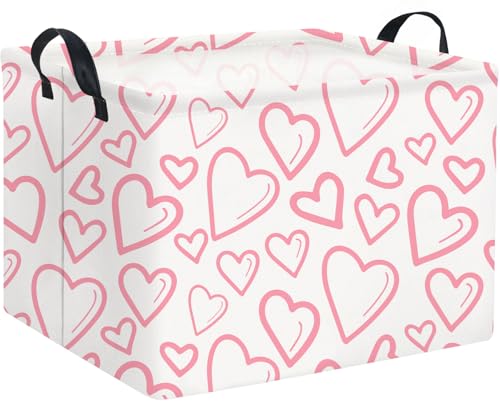 Image of Rectangular Valentines Basket for Home Kitchen Girls Cute Kids Storage Bin Organizer Shelf Book Room Decor(Pink Line Hearts)