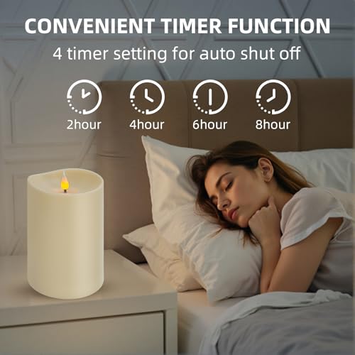 Image of Set of 2 Flameless LED Candles with 2 Remotes, 4x6 Inch Battery Powered Plastic Pillar Candles, Flickering Flame with Timer & Dimming, Ivory - Elegant, Safe Lighting for Home, Wedding, Holiday