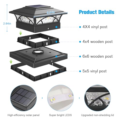 JOFIOS Solar Post Cap Lights Outdoor 6pack - Black Deck Fence Post Lights Solar Powered with 16LEDS 2 Lighting Modes, 4x4/5x5/6x6 Waterproof Fence Post Lights for Garden Patio Porch Backyard by JOFIOS - Image 2