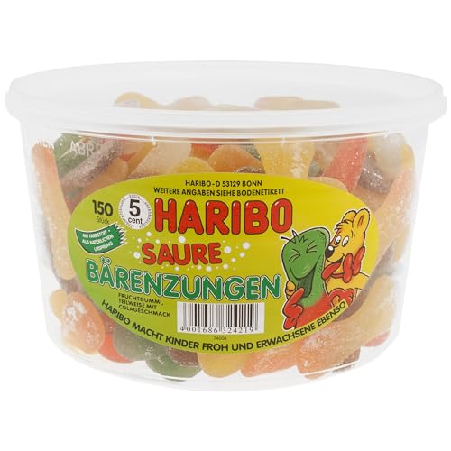 Haribo Saure Bärenzungen Runddose 150 Stück, 1350g, Fruchtgummi Sauer