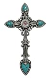 De Leon Collections 14230 Vintage Ornate Antique Turquoise and Silver Tone 15.5 Inch Polyresin Southwestern Decorative Home Décor Hanging Sculpture Wall Cross
