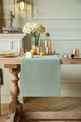 Image of ZeeMart Burlap Style Farmhouse Table Runners 60 Inches Long, Sage Green Rustic Woven Dining Table Runner for Everyday Use, 14x60 Inches, Seafoam