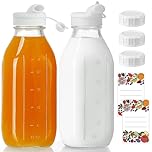 Absovetu 2 Pack Glass Milk Storage Bottles with Lids 1 Litre /33.8 oz - Glass Juice Bottles with Pour Spout Water Bottle Smoothie Bottle for Fridge