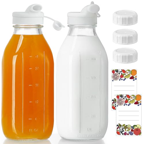Absolutu Lot de 2 bouteilles réutilisables avec couvercle hermétique, carafe à lait de 1 litre avec bec verseur, stockage pour boissons et jus