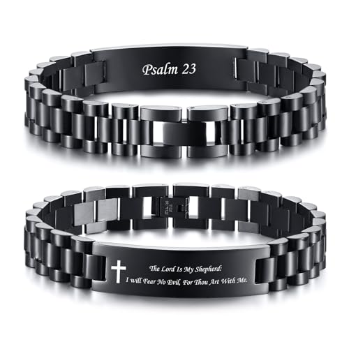 VNOX Personalized Religious Jewelry-Engraved Inspirational Christian Faith Bible Verse Quote Wristbands Elegant Link Bracelet Encouragement Gift,Cassic Watch Band Strap Design Black Cross-Ps