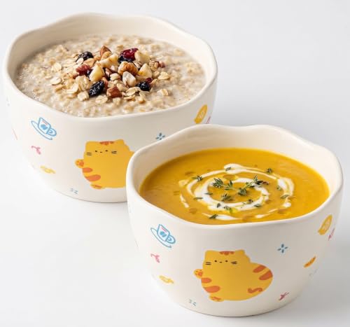 Image of Spooky Cute Ceramic Cereal & Soup Bowls (420ml) | Bowls with Top Waving Design | Microwave Safe Serving Bowls for Ramen, Noodles, Salad, Rice & Breakfast | Katori /Bati /Pyala (Set of 2, Yellow Cat)