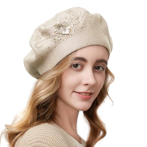 Gajaous Womens French Style Knitted Beret Hat, Flower Embroidery, Beige, Adult Women, Fashion Enthusiasts