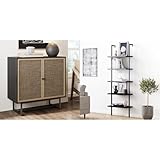 Nathan James Boho Modern Storage Cabinet & 5-Shelf Industrial Bookcase Bundle - Black Oak/Cane & Black Metal