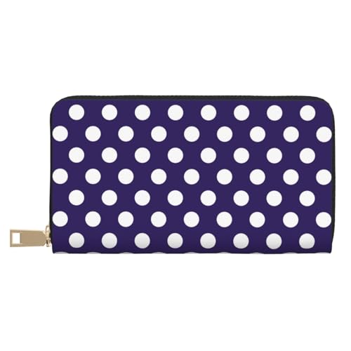 Leather Thin Slim Wallets for Women & Men - Navy Purple Polka Dot Print Card Wallet Holder with Zipper