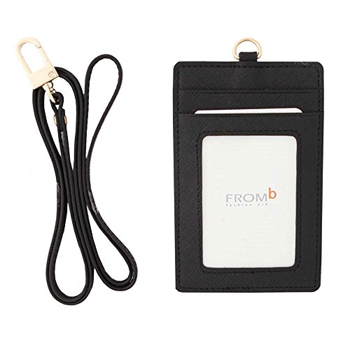 Genuine Leather Card Holder Necklace Neck Business Id Badge Neck Strap (Black)