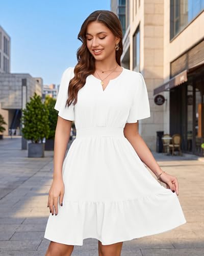 MFAVIP Womens 2026 Summer Casual Dress V Neck Ruffle Sleeve Elastic Waist A Line Flowy Boho Beach Vacation Sundress with Pockets D-White — view 3