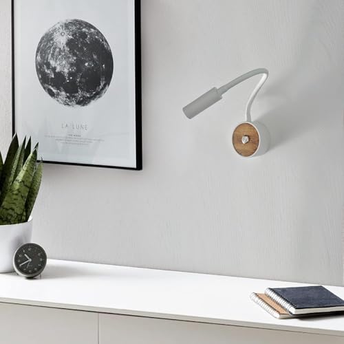 ouglres Lampa do czytania na ścianie, 2 sztuki, lampa ścienna LED z przełącznikiem, przemysłowa biała lampa ścienna, drewno, obracana o 360°, z łabędzią szyją, lampka nocna, do sypialni, korytarza