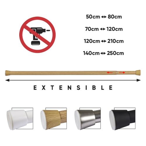 Miniatura 3 de Barra De Cortina Sin Taladrar Telescópica, Metálica Y Extensible De 28 Mm De Diámetro, Instalación A Presión, Resistente, Ideal Para Cortinas, Armarios Y Baños Storesdeco Color Madera 50-80 Cm