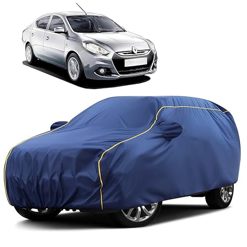 Image of Sulfar 100% Water Resistant Car Body Cover Compatible with Mirror for Renault Scala (Triple Stitched, Full Bottom Elastic, Blue Taffeta with Yellow Piping)