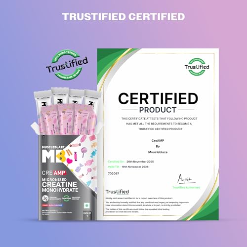 Image of MuscleBlaze Micronised Creatine Monohydrate CreAMP Powder, 7 Sachets | Candy Rush | Trustified Certified Creatine | Travel Pack