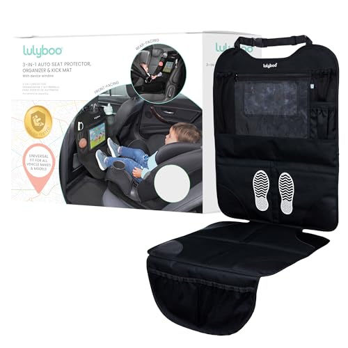 Image of Lulyboo Car Seat Protection for Baby Carseat - Car Seat Organizer Back Seat - Behind Backseat Car Organizer for Kids Stuff, Toys, Tablet, Storage - Front & Rear Facing Kick Mat Seat Protector Black