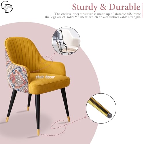 Image of Velvet Accent Chair | Modern Upholstered Dining Chair for Living Room, Office, Lounge & Vanity | Sturdy & Stylish Armchair (Floral, Mustard)