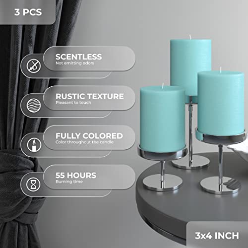 Candwax 3X4 Pillar Candles Set Of 3 - Decorative Rustic Candles Unscented And No Drip Candles - Ideal As Wedding Candles Or Large Candles For Home Interior - Light Turquoise Candles #TOP2
