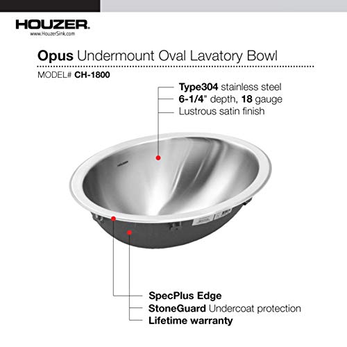 Houzer Ch-1800-1 Opus Undermount Oval Bowl Bathroom Sink, Without Overflow, 17.75" X 13.56", Stainless Steel #TOP2