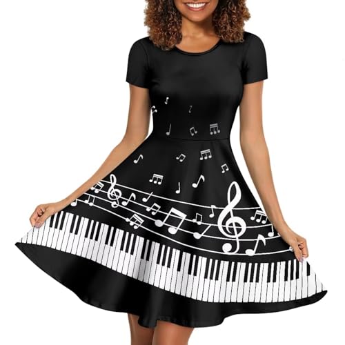 Image of POLERO Women Puffy Swing Elegant Party Midi Dresses Short Sleeve Round Neck A-Line Dress