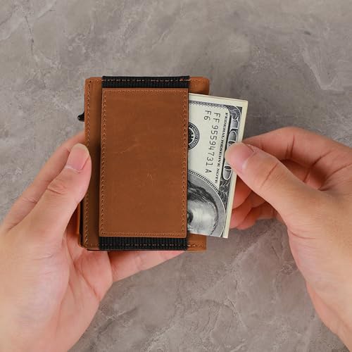 Image of Minimalist Pop Up Wallet for Men | RFID Blocking Credit Card Holder Wallet with Money Clip | Mens Wallet Slim Bifold Front Pocket Metal Case with Gift Box, Light Brown, 2.8 inch x 3.8