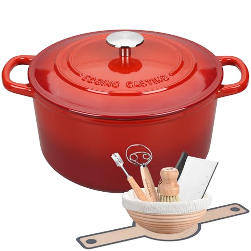 EDGING CASTING Enameled Cast Iron Dutch Oven with Sourdough Bread Baking Kit, Bread Dutch Oven with Lid, Includes Proofing Basket & Baking Tools, 5qt, Red