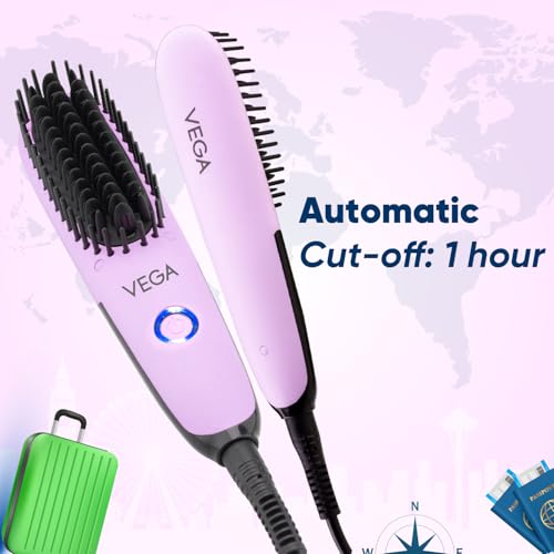Vega Mini Hair Straightener Brush-Natural Straight in Few Min for Women | Thermoprotect Technology, Ceramic Coated Bristles | 2 Heat Settings, Straightening Brush, Hot Brush, (Go Mini Series, VHSB-05)