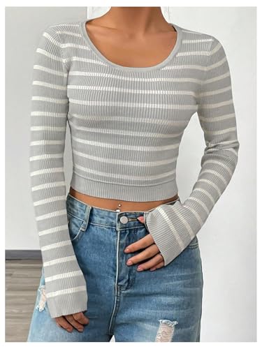 SOLY HUX Women's Fall Striped Crop Sweater Scoop Neck Long Sleeve Ribbed Pullover Jumper Tops4