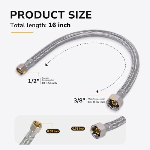 KAINGA 10 Pack 16\" (1.3 FT) Faucet Supply Line, 3/8\" Comp x 1/2\" FIP, Braided Stainless Steel Faucet Hose Connector, Leak-Resistant, CUPC Certified, For Bathroom and Kitchen Residential Connection - Thumbnail 2