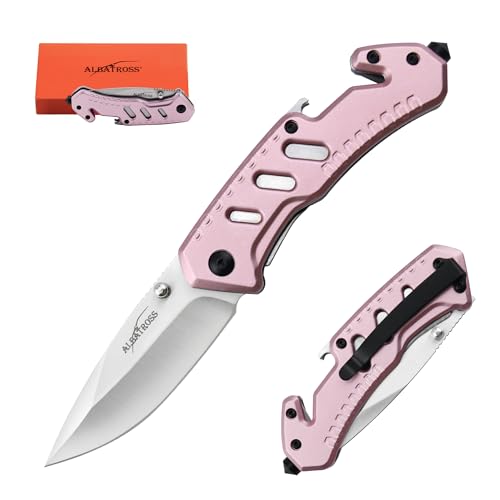 ALBATROSS Multifunction Folding Knife - EDC Pink Pocket Knife with Glass Breaker Bottle Opener and Seatbelt Cutter - Outdoor Survival Tool with Satin BladeChristmas Gift for Men Women