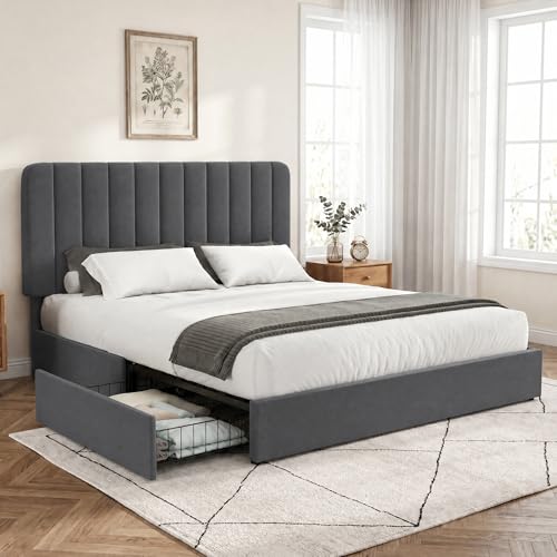 Image of VECELO Full Size Upholstered Bed Frame with 4 Drawers and Headboard, Velvet Platform Storage Bedframe, Wooden Slats Support, No Box Spring Needed,Dark Grey