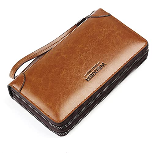JNKET Genuine Cow Leather /PU Leather Clutch Bag Business Men‘s Long Wallet Double Zipper Wallet with Detachable Wristlet (01-Light brown) - Image 3