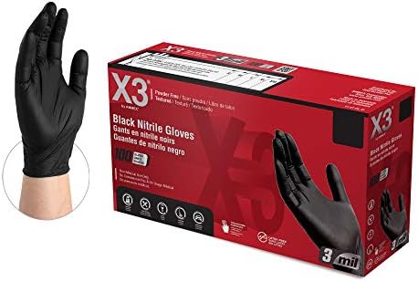 X3 Nitrile Disposable Gloves, 3 Mil, Latex and Powder-Free, Textured, Food Safe, Ideal for Industrial and Home Use, Black, Medium, Box of 100