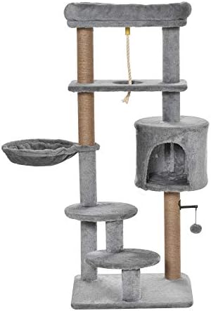 PawHut Cat Tree Tower for Indoor Cats 120cm Climbing Kitten Activity Center with Jute Scratching Post Perch Hanging Ball Hammock Teasing Rope Condo Toy Light Grey